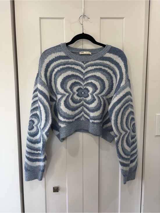 Pull&Bear Sweaters - Pull&Bear Blue and White Floral Optical Crewneck Sweater